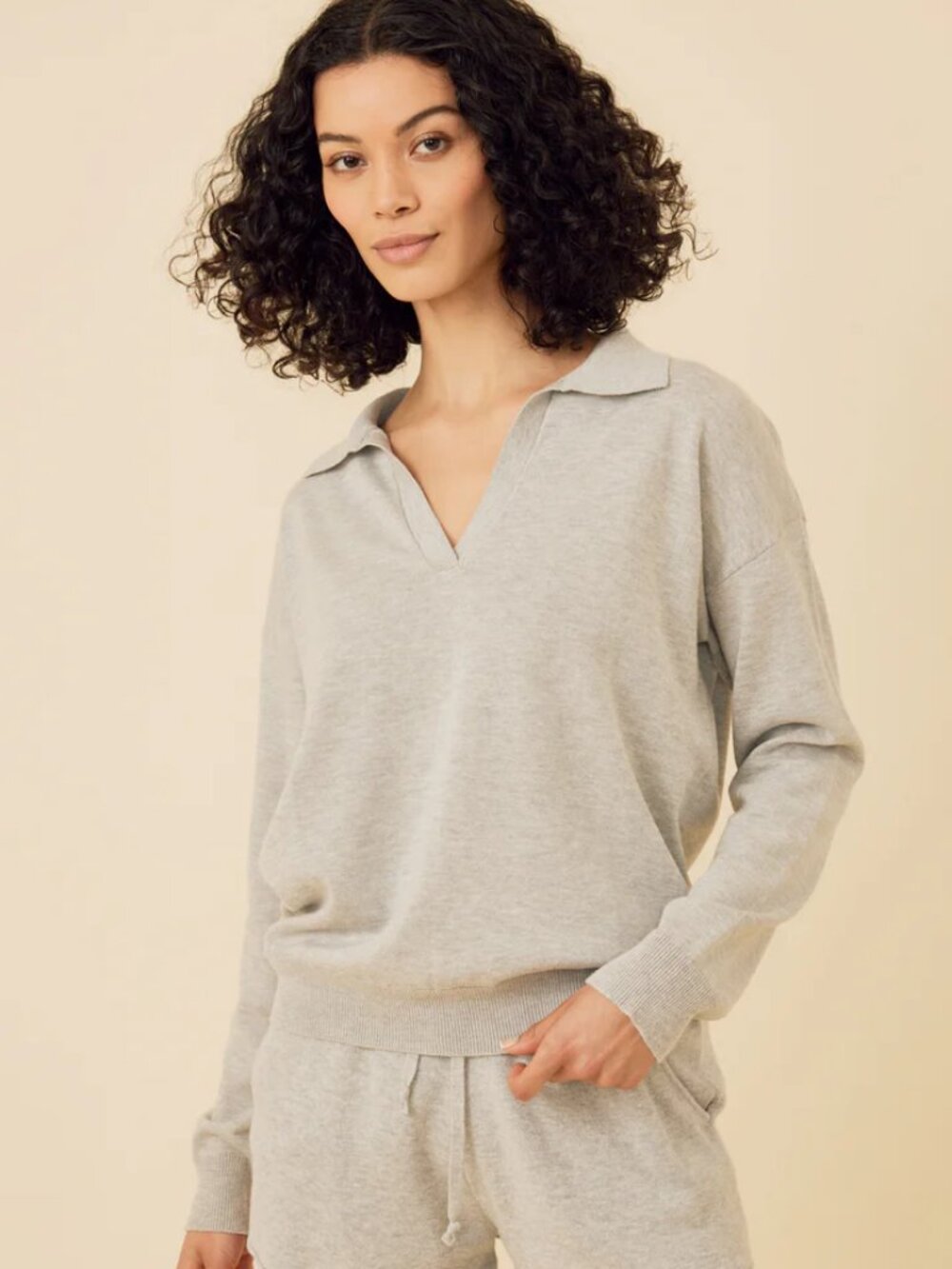 One Grey Day OGD | Bianca Polo Grey Collared V Neck Sweater, size S